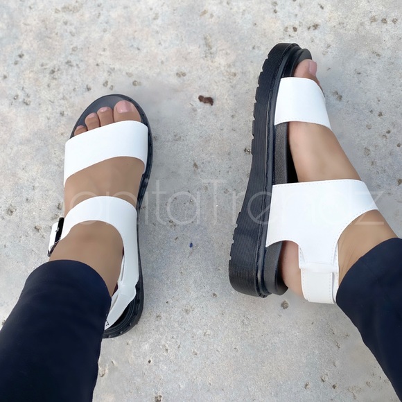 Grunge White Vegan Leather Chunky Sandals - Picture 4 of 5